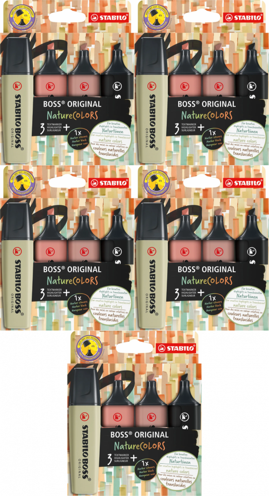 5x Zakreślacz Stabilo Boss Orginal Nature Colors, ścięta, 4 sztuki, mix kolorów