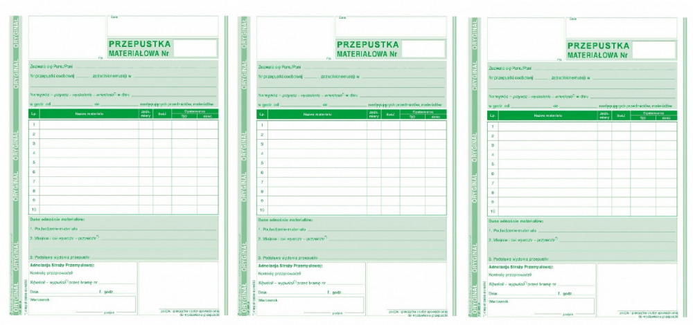 3x Druk akcydensowy przepustka materiałowa MiP 322-3, A5, 80 kartek