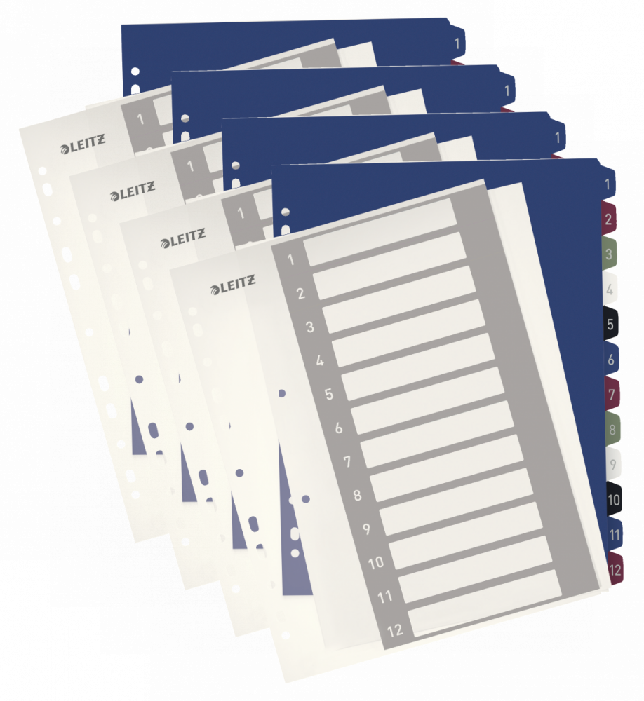 4x Przekładki do segregatora Leitz Style, plastikowe, numeryczne, do zadruku, A4+, 1-12 kart