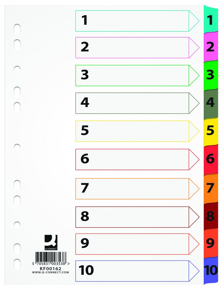 Przekładki do segregatora Q-Connect Mylar, kartonowe, numeryczne, A4, 10 kart, mix kolorów