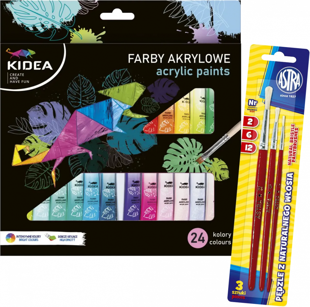 Zestaw: Farby akrylowe Kidea, w tubkach, 6ml, 24 sztuki + Zestaw pędzli Astra