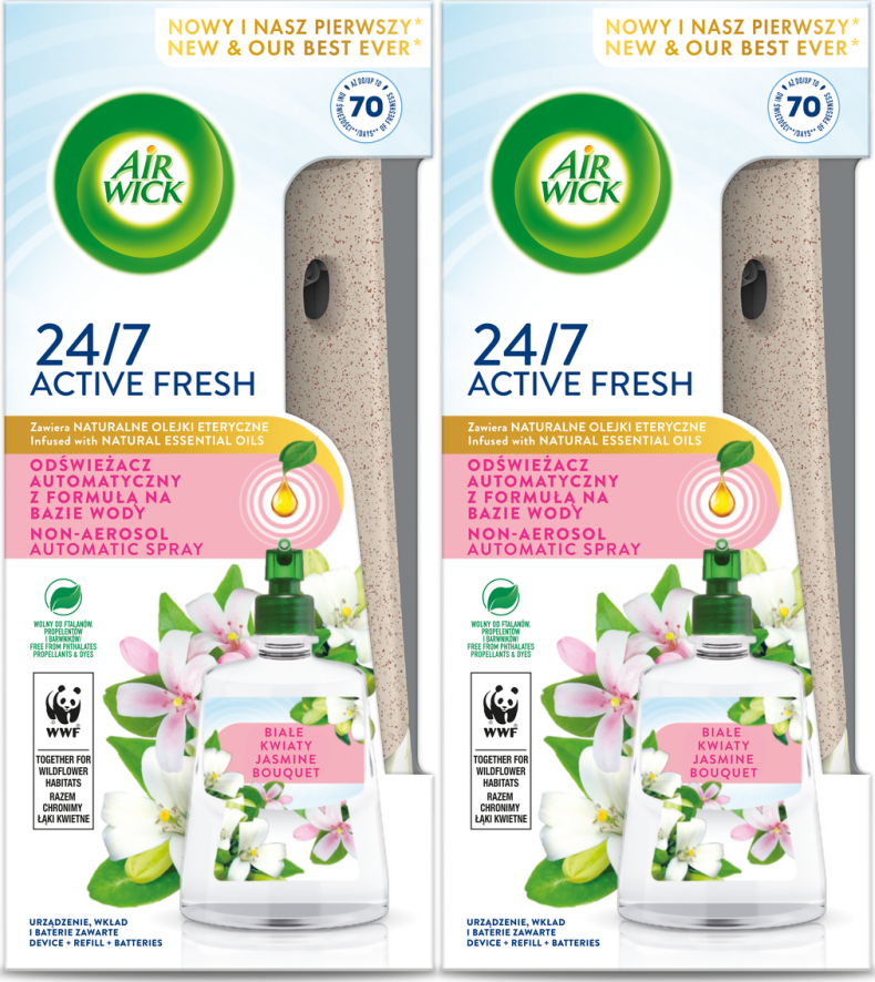 2x Odświeżacz powietrza Air Wick wkład + urządzenie, Active Fresh, białe kwiaty/ jaśmin, 228ml