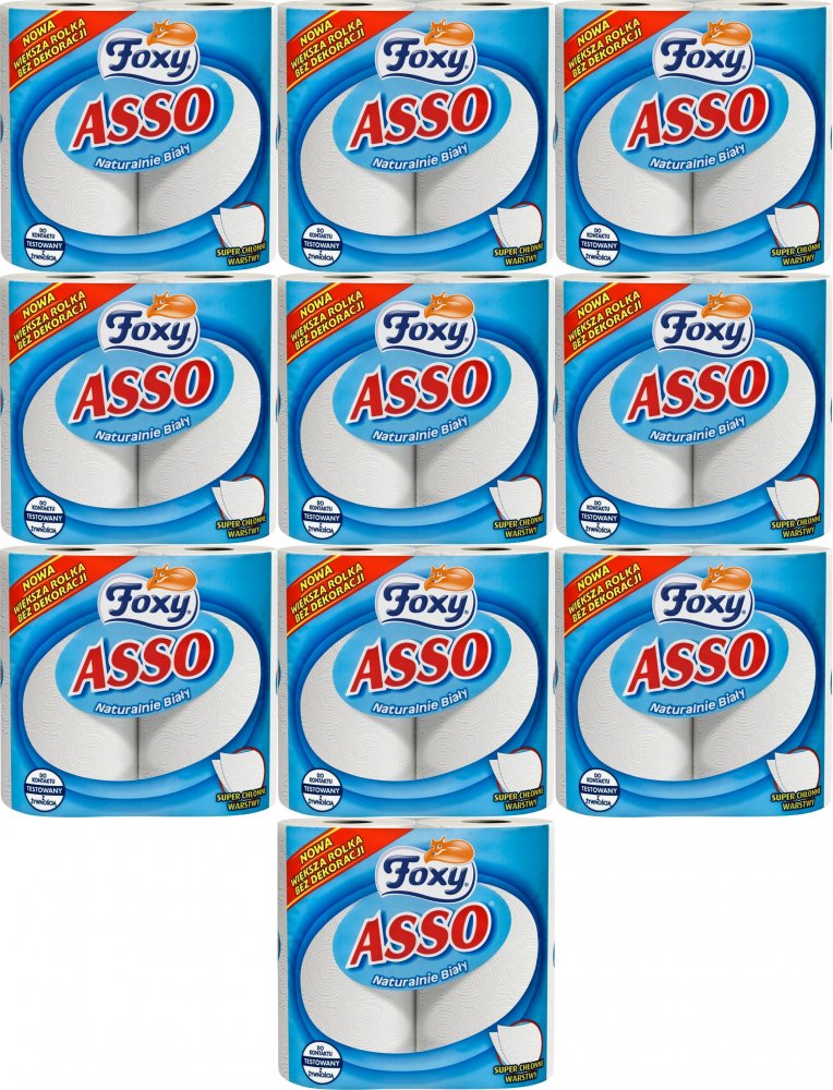 10x Ręcznik papierowy kuchenny Foxy Asso, 2-warstwowy, w roli, 2 rolki, biały