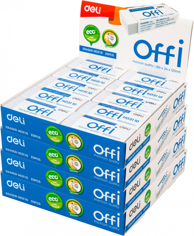 80x Gumka ołówkowa Deli Offi, 60x24x12 mm, biały