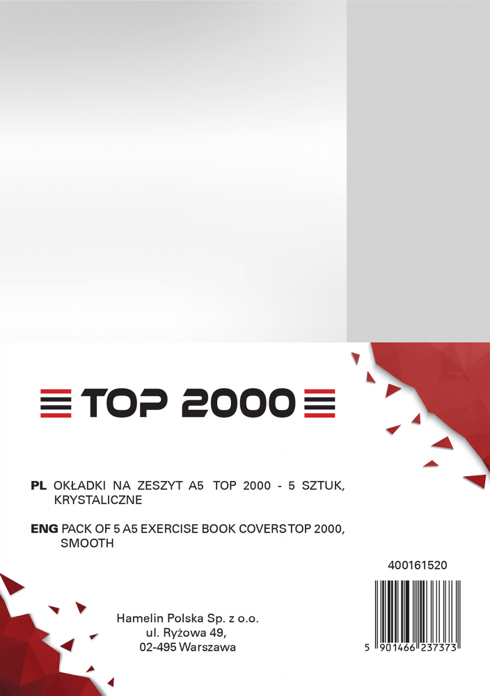 Okładka na zeszyt TOP2000, krystaliczna, A5, PP, 5 sztuk, przezroczysty
