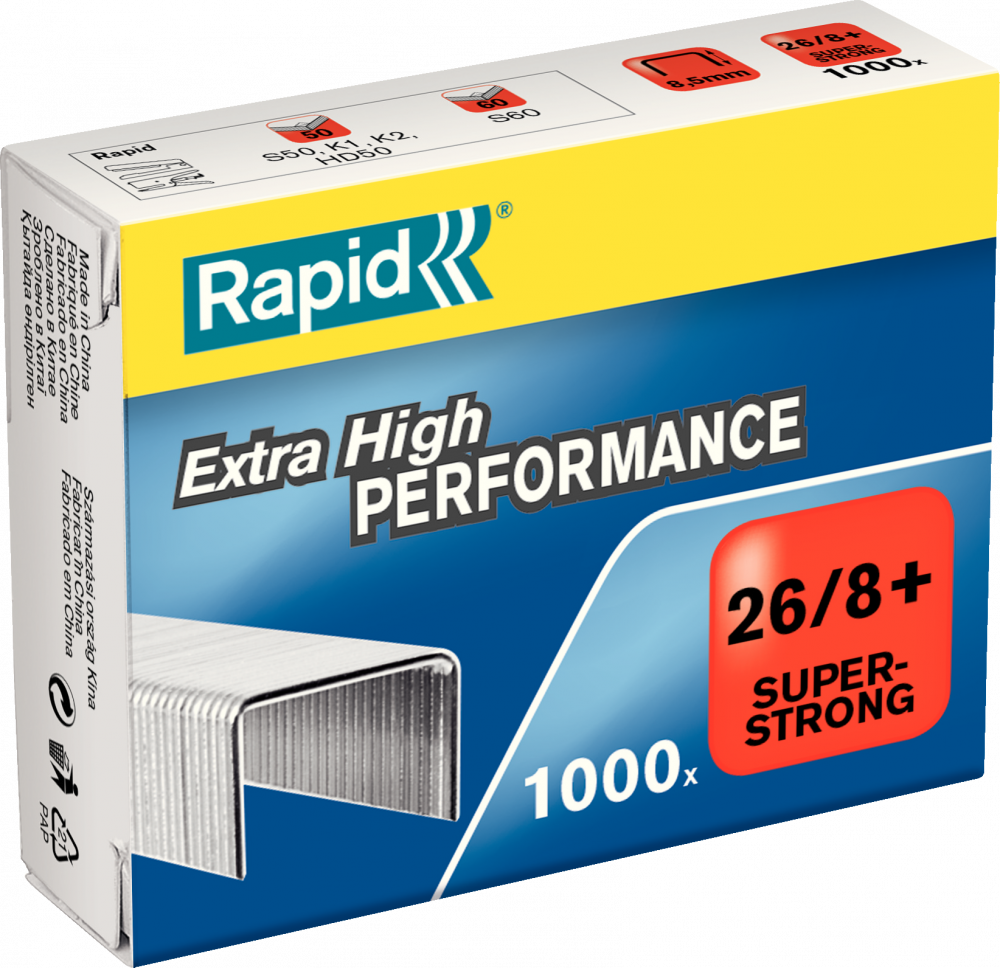 Zszywki Rapid Super Strong, 26/8+ 1M, 1000 sztuk, srebrny