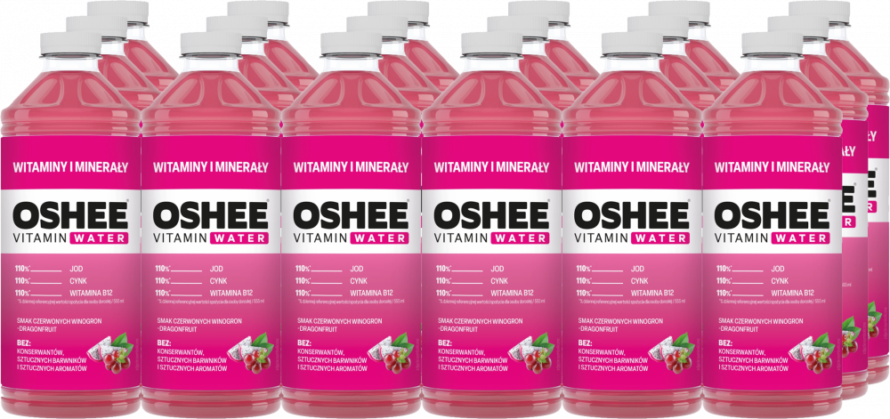 18x Napój niegazowany Oshee Vitamin Water witaminy i minerały, winogrono i dragonfruit, butelka PET, 1.1l