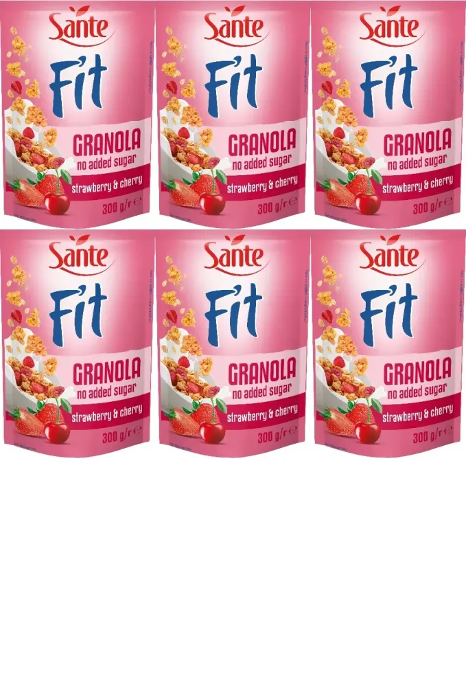 6x Granola Sante Fit, wiśnia/truskawka, bez cukru, 300g