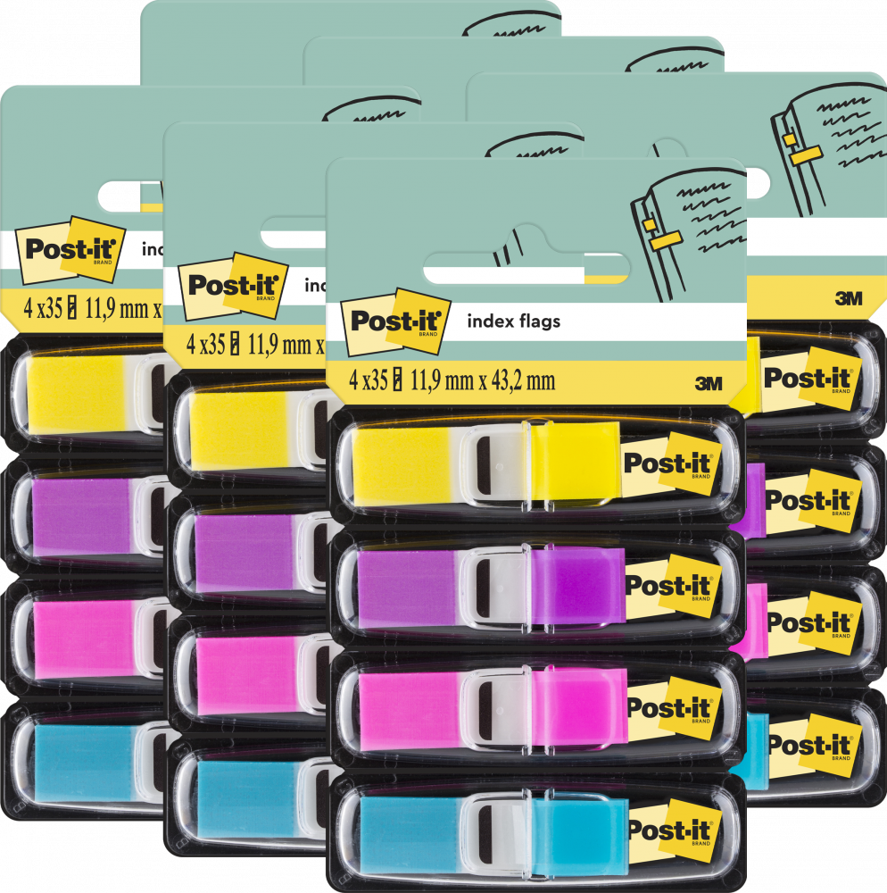 6x Zakładki samoprzylepne Post-it proste, indeksujące, folia, półtransparentne, 11.9x43.1mm, 4x35 sztuk, mix kolorów neonowych