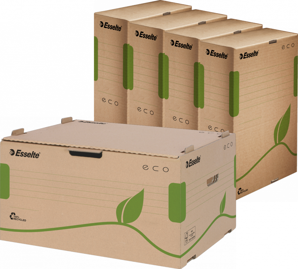 Zestaw pudeł archiwizacyjnych Esselte Eco, brązowy: Pudło zbiorcze Esselte Eco, 439mm, otwierane z przodu + 4x Pudło Esselte Eco, do luźnych 