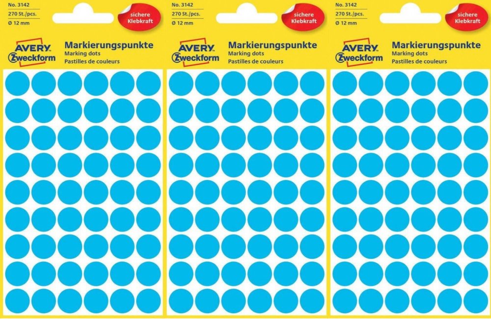 3x Etykiety Avery Zweckform, okrągłe, średnica 12mm, 270 sztuk, niebieski