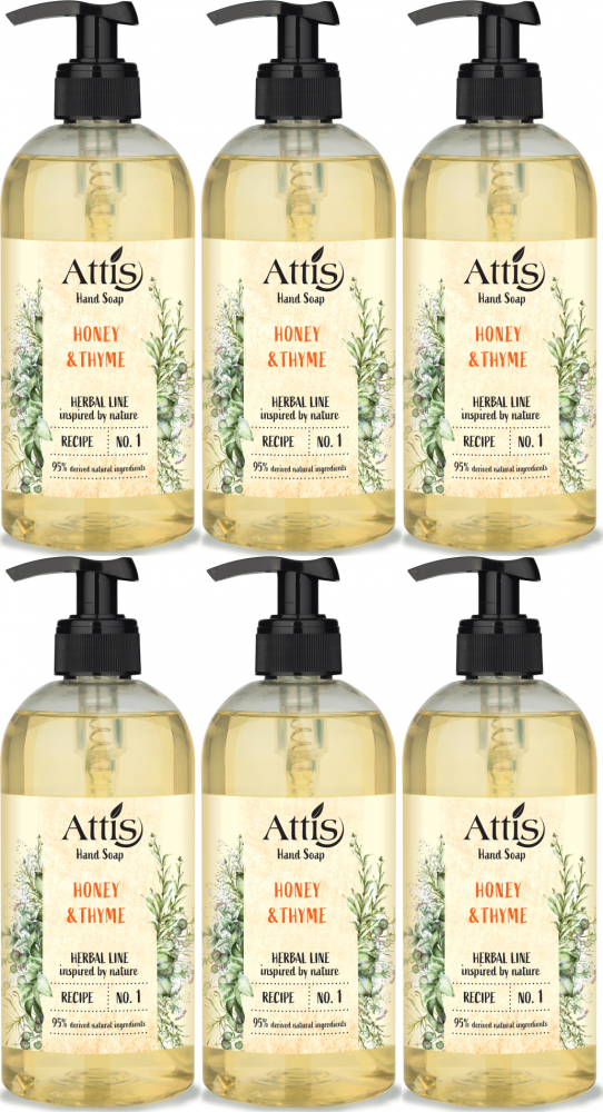 6x Mydło w płynie Attis Gold Drop Herbal Line, miód & tymianek, z dozownikiem, 500ml