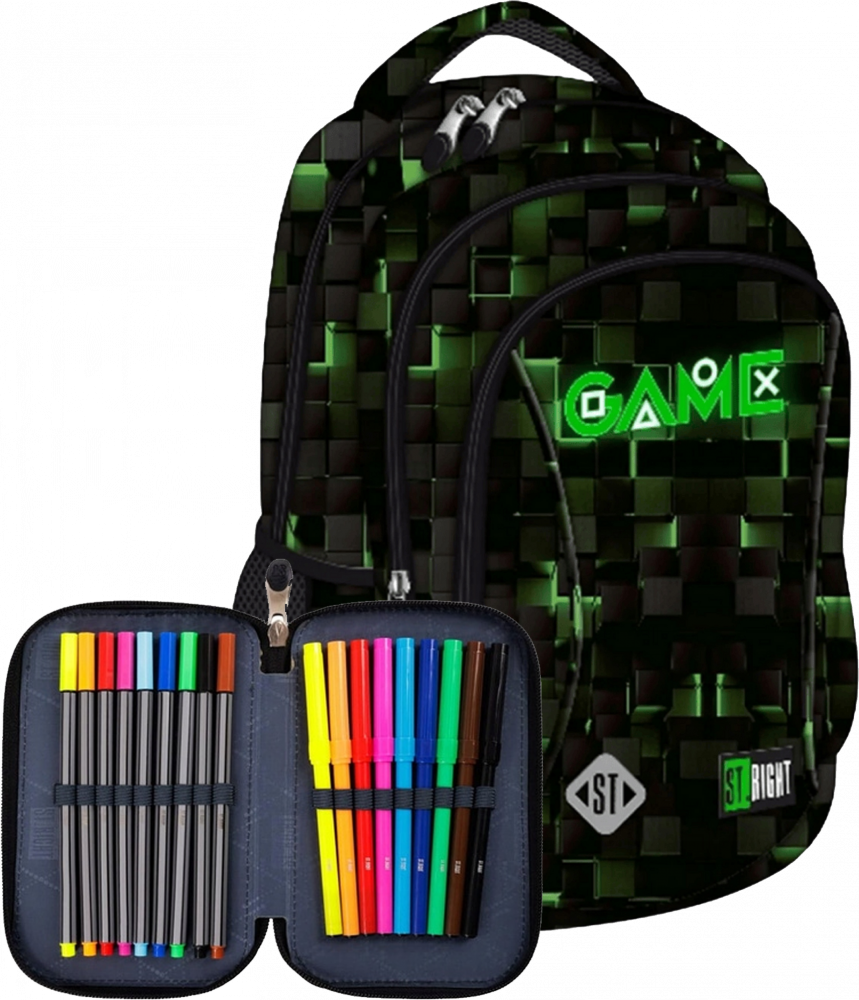 Zestaw: Plecak + piórnik z wyposażeniem St.Right Green Game