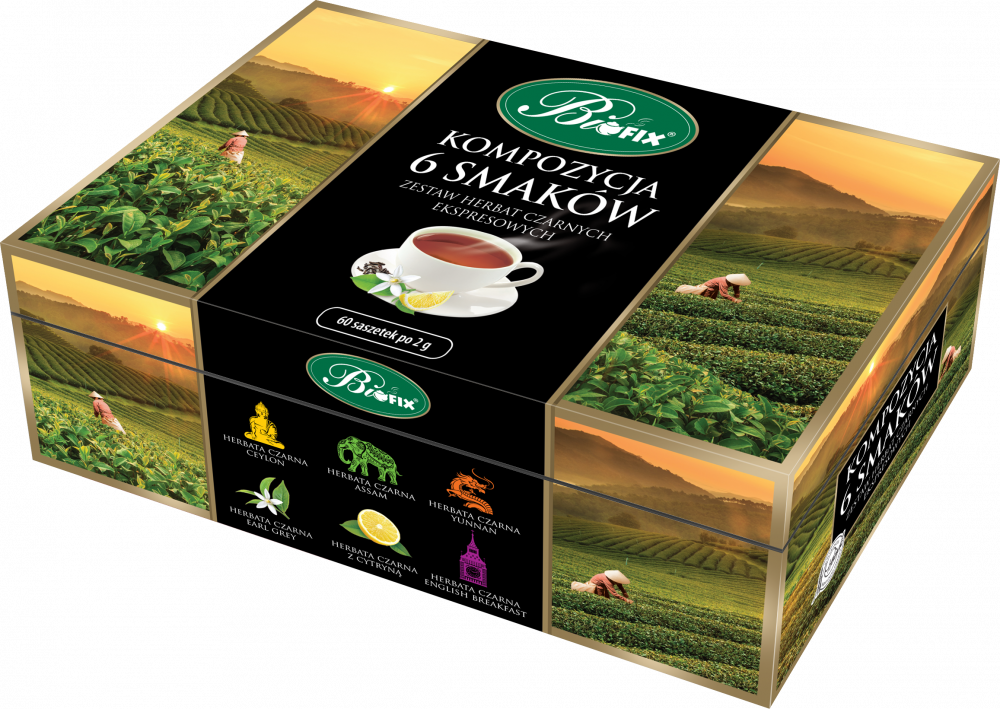 Zestaw herbat w kopertach BiFix, Kompozycja 6 herbat czarnych, 6 smaków, 60 sztuk x 2g