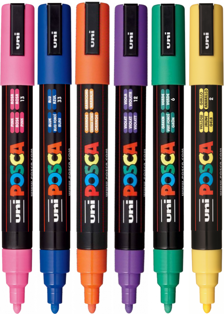 Zestaw 6x Marker z farbą plakatową Posca PC-5M, okrągła, mix (niebieski, zielony, fioletowy, pomarańczowy, żółty, różowy)