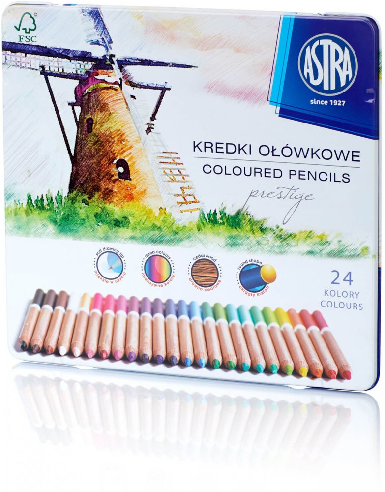 Kredki ołówkowe Astra Prestige, z drewna cedrowego, w metalowym pudełku, 24 sztuki, mix kolorów