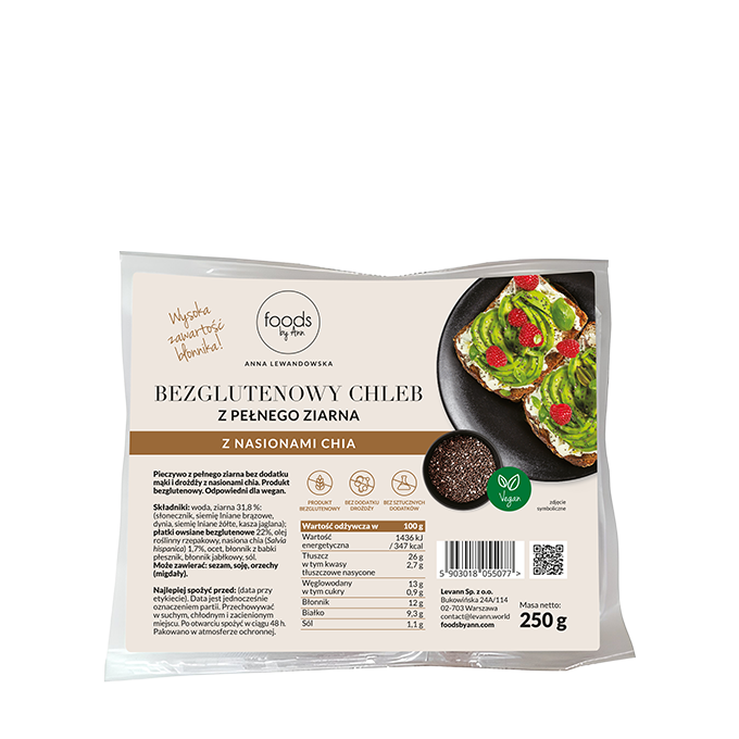 Bezglutenowy chleb z pełnego ziarna z nasionami chia, 250 g