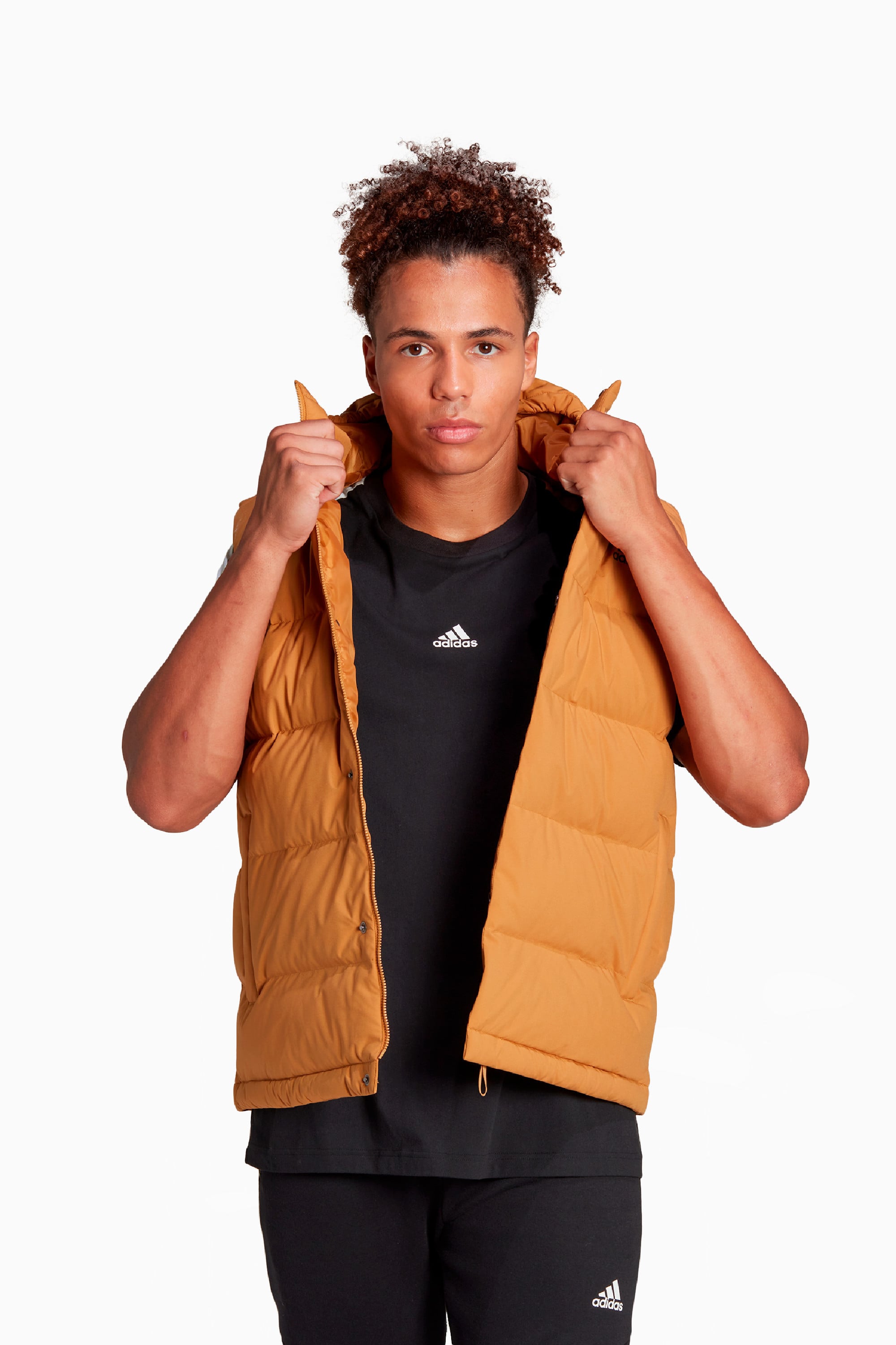 Kamizelka z kapturem adidas Helionic Hooded Down - Brązowy