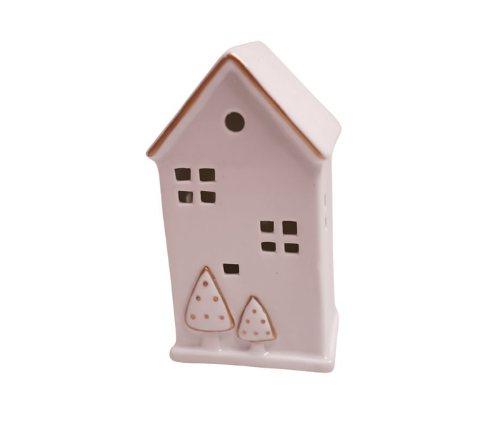 Domek LED biały, złote choinki 17 cm