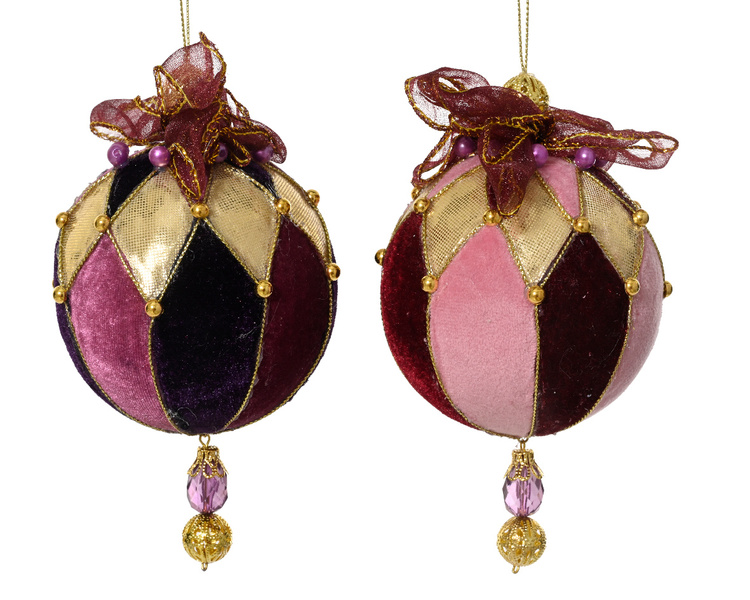 Bombka aksamit 1szt 8cm różowo-bordowa/fiolet-czarna z kokardą i koralikiem