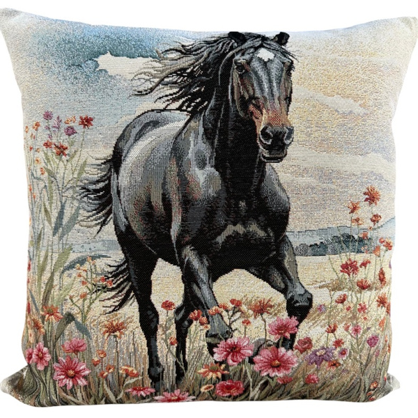 Poszewka na poduszkę 40x40cm EDEN czarny koń na łące Chenille