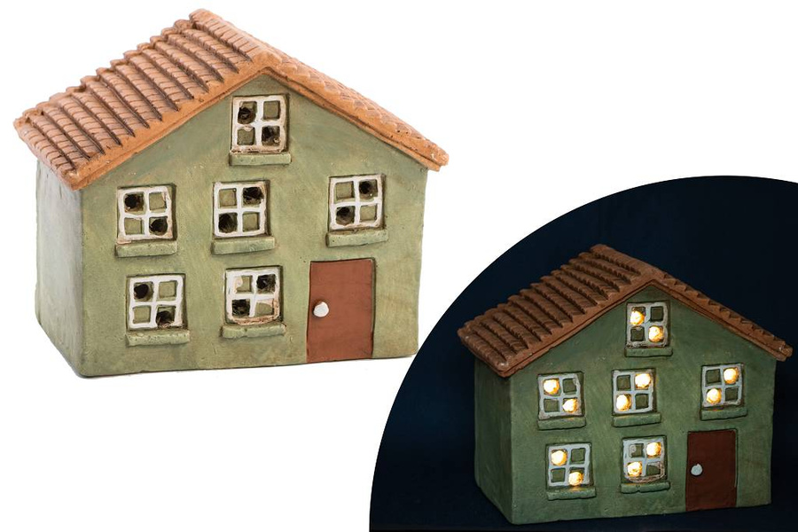 Domek ceramiczny zielony 2-piętra brąz dach i drzwi szeroki