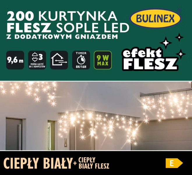 Kurtyna sople 200LED białe ciepłe 9,6m z fleszem