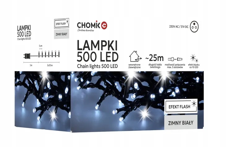 Lampki zewnętrzne/wewnętrzne 500 Led zimny biały zimny flash 25m+3m zasilacz