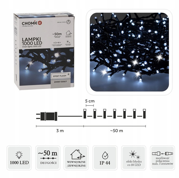 Lampki zewnętrzne/wewnętrzne 1000 Led zimny biały, zimny flash 50m+3m zasilacz
