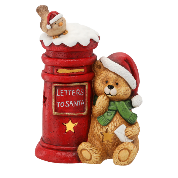 Miś ceramiczny LED brąz siedzący przy czerwonej skrzynce na listy 27x32,5cm