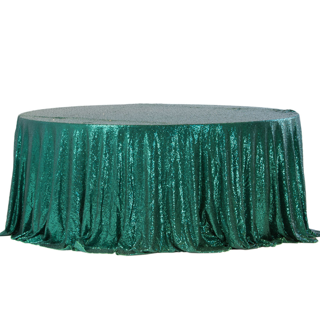 Obrus cekinowy butelkowa zieleń Fi340cm