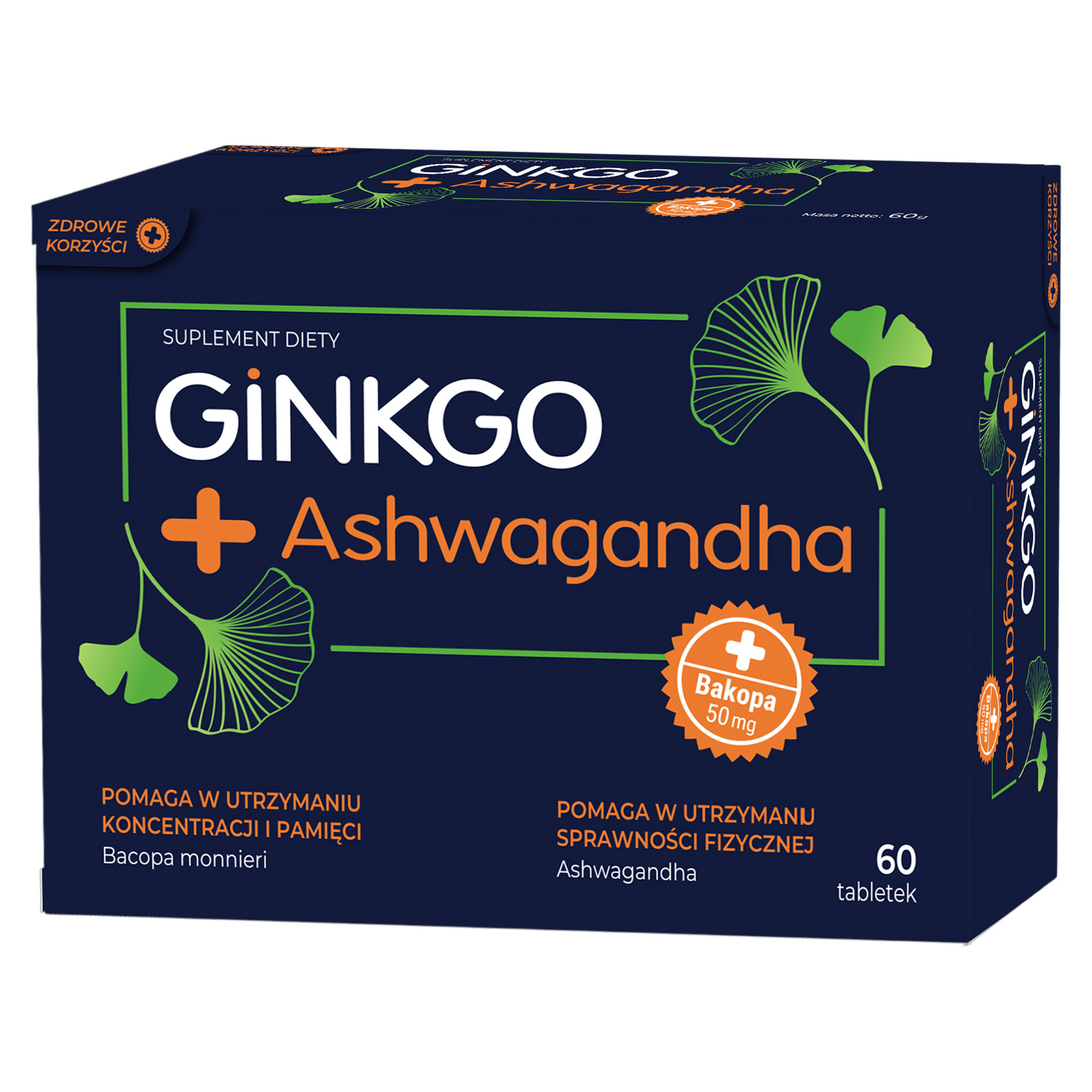 Zdrowe korzyści, ginkgo + ashwagandha, 60 tabletek