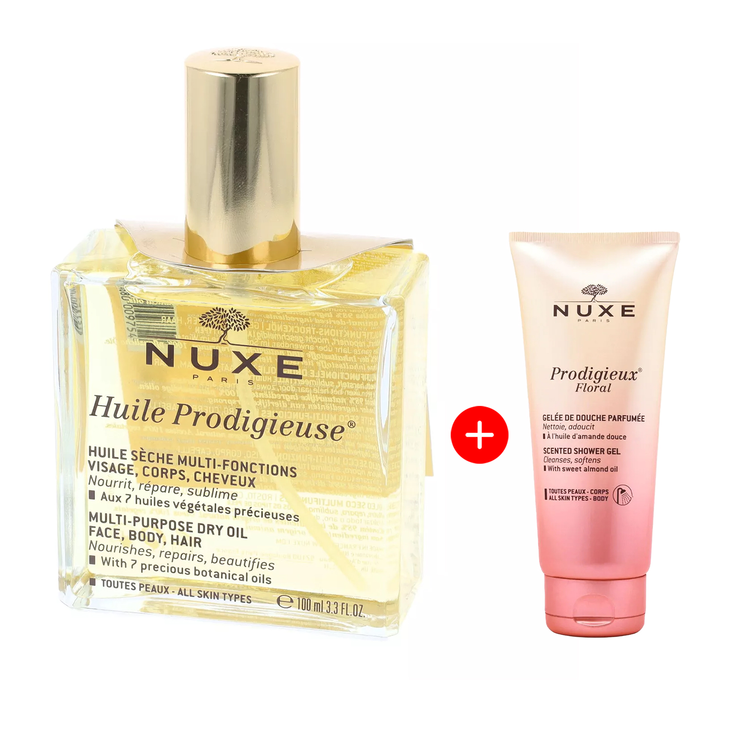 Nuxe huile prodigieuse - suchy olejek do ciała, twarzy i włosów, 100 ml + żel pod prysznic 100 ml, 1 sztuka