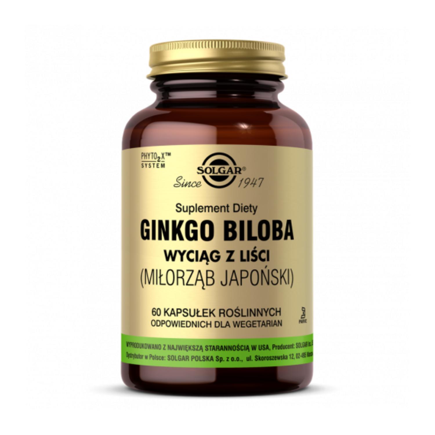 Solgar ginkgo biloba wyciąg z liści miłorząb japoński, 60 kapsułek