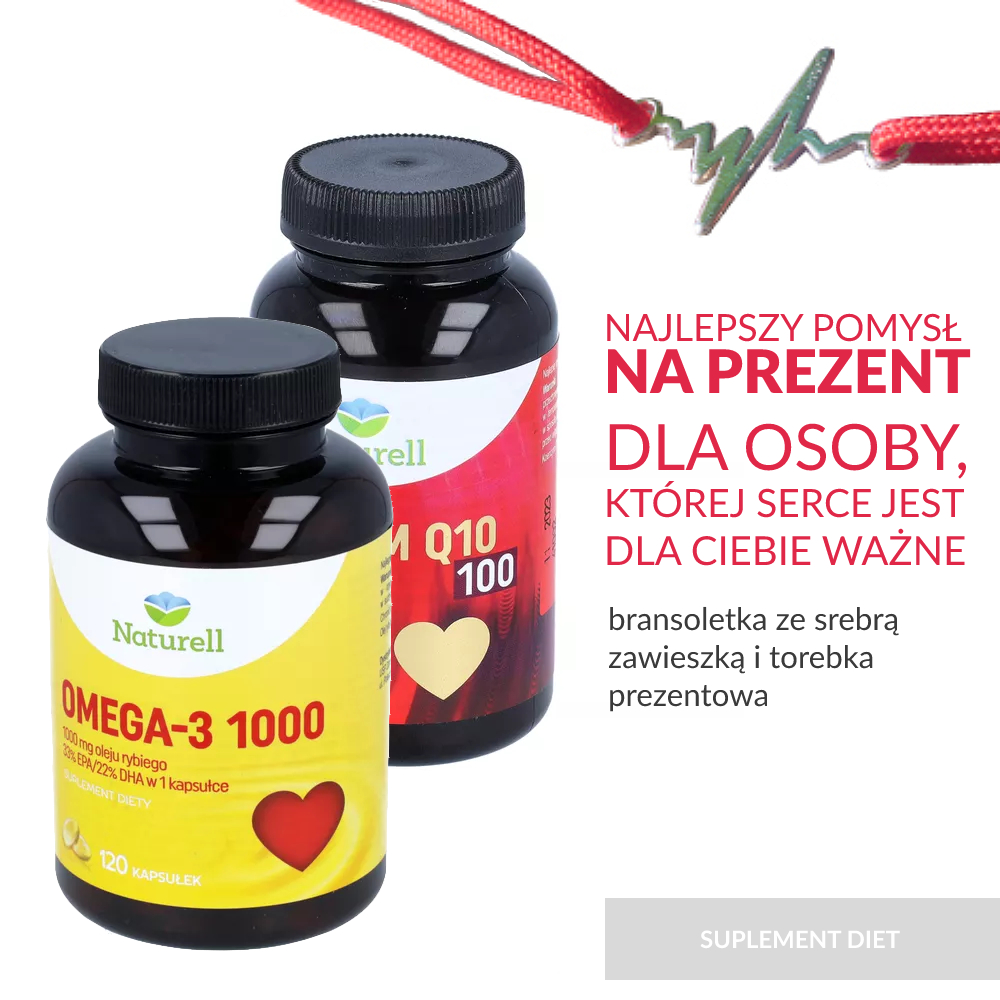 Zestaw: naturell koenzym q10 100, 120 kapsułek + naturell omega-3 1000, 120 kapsułek + bransoletka ze srebrną zawieszką w prezencie