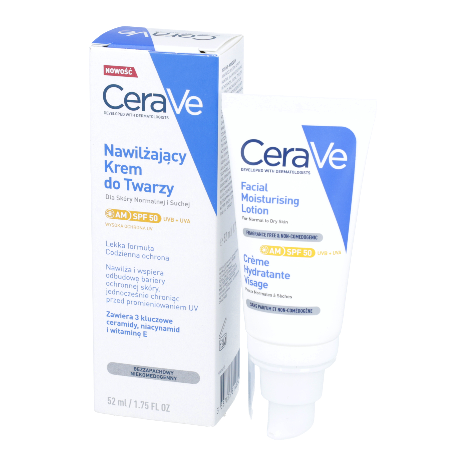 Cerave - nawilżający krem do twarzy z ceramidami, skóra normalna i sucha, spf50, 52 ml
