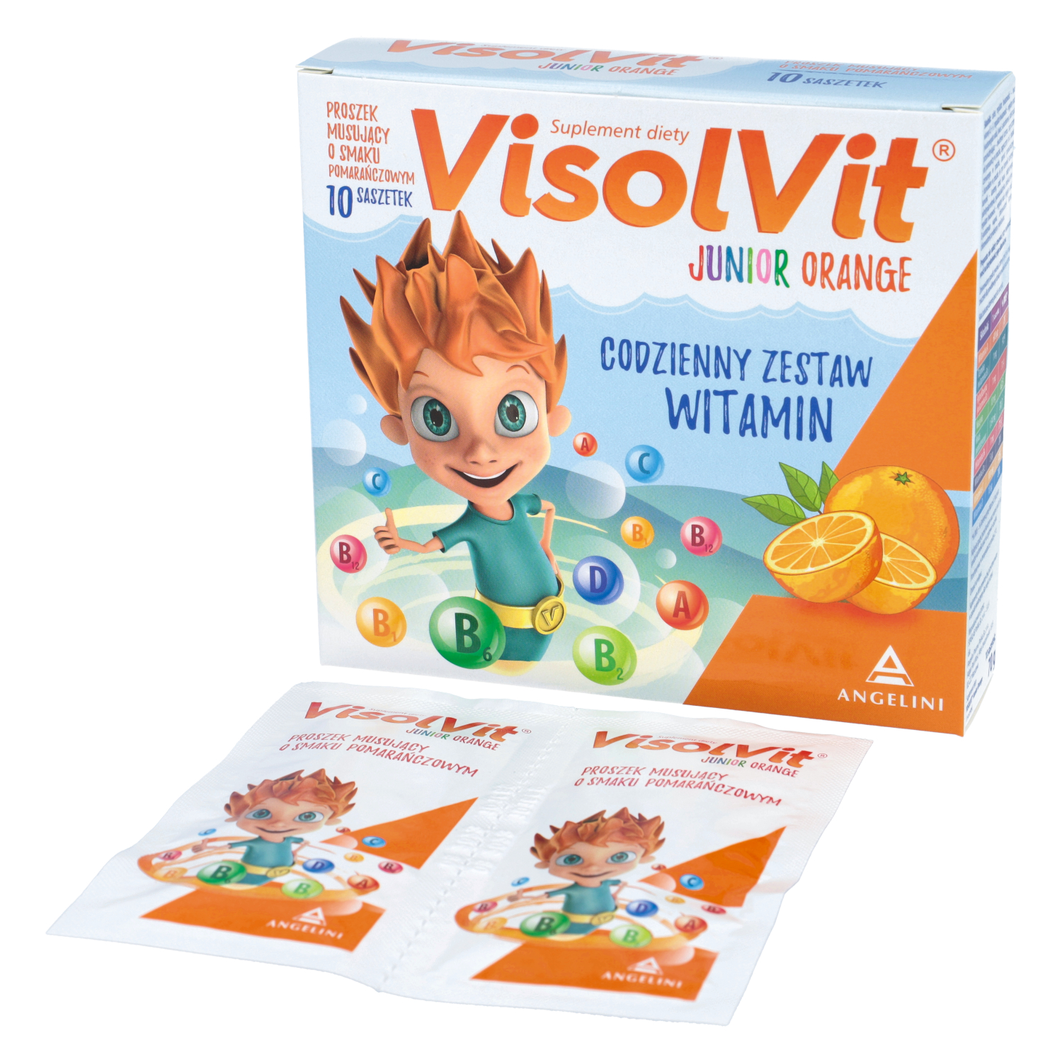Visolvit junior - witaminy dla dzieci po 3 r.ż., proszek musujący o smaku pomarańczowym, 10 saszetek