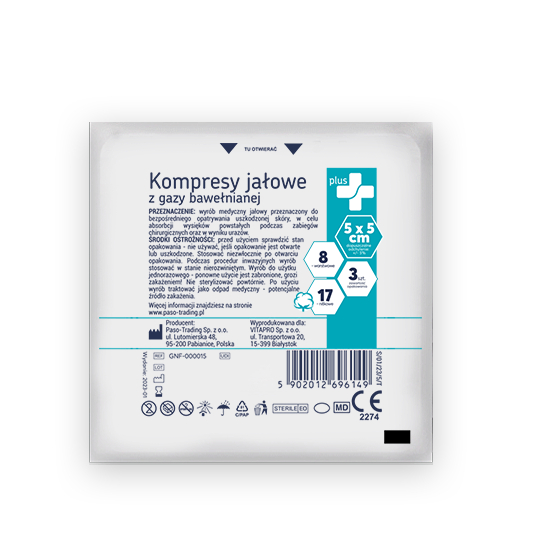 Zdrowe korzyści - plus+, kompres gazowy jałowy, 17-nitkowy, 5 x 5 cm, 3 sztuki
