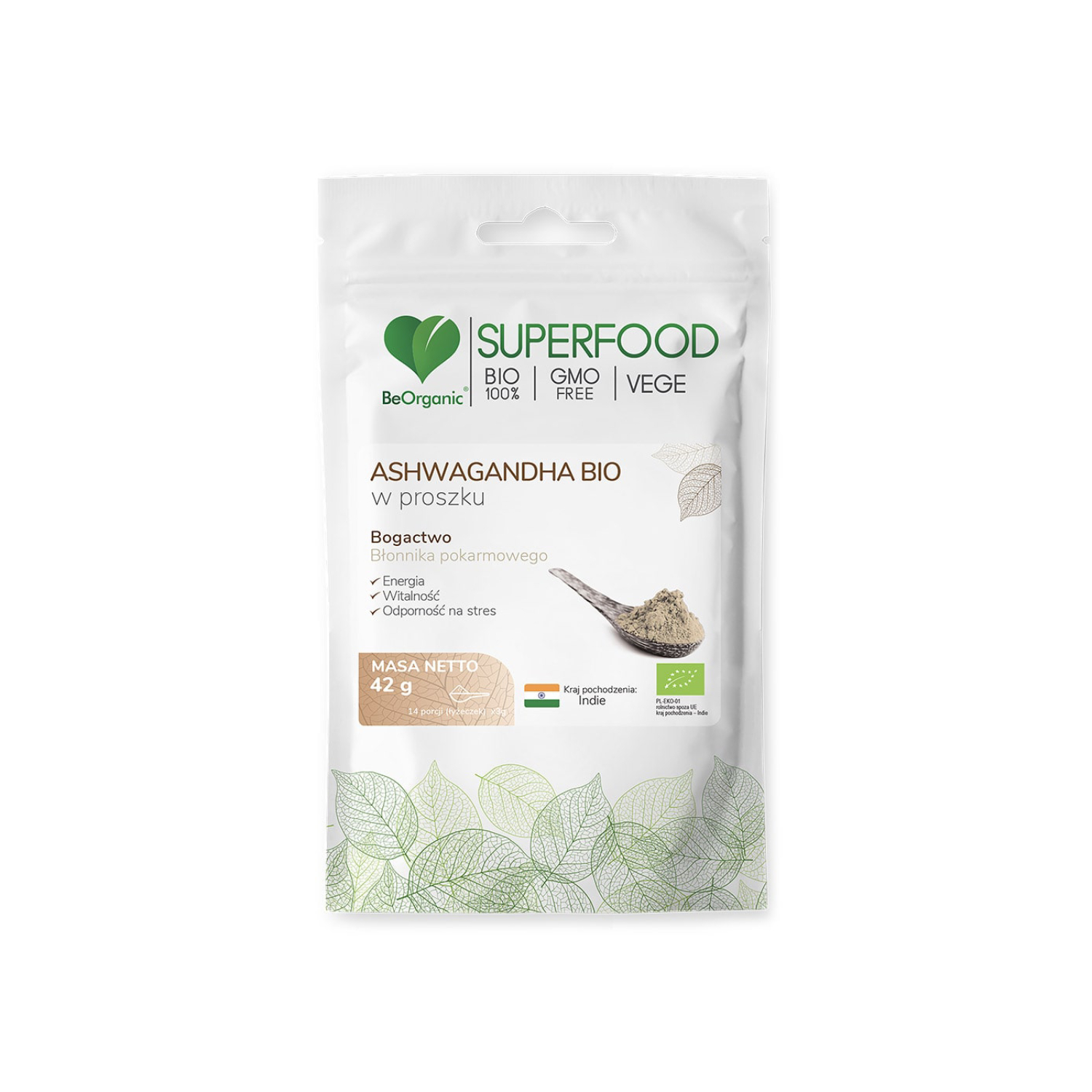 Beorganic, ashwagandha bio proszek, 42 g