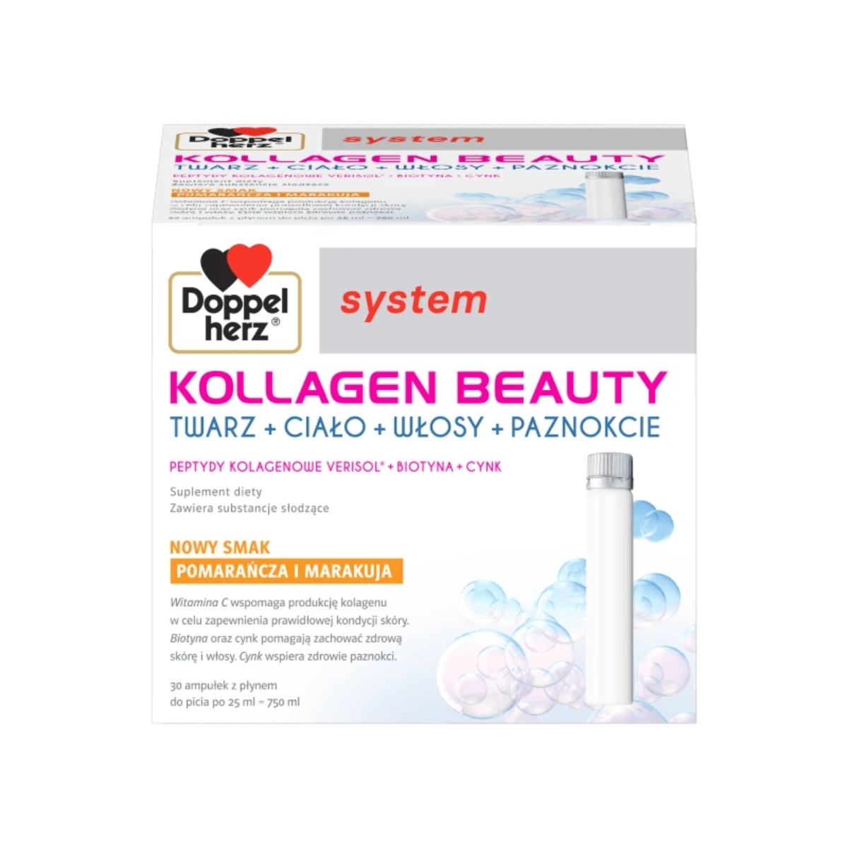 Doppelherz system kollagen beauty, smak pomarańcza i marakuja, 30 ampułek