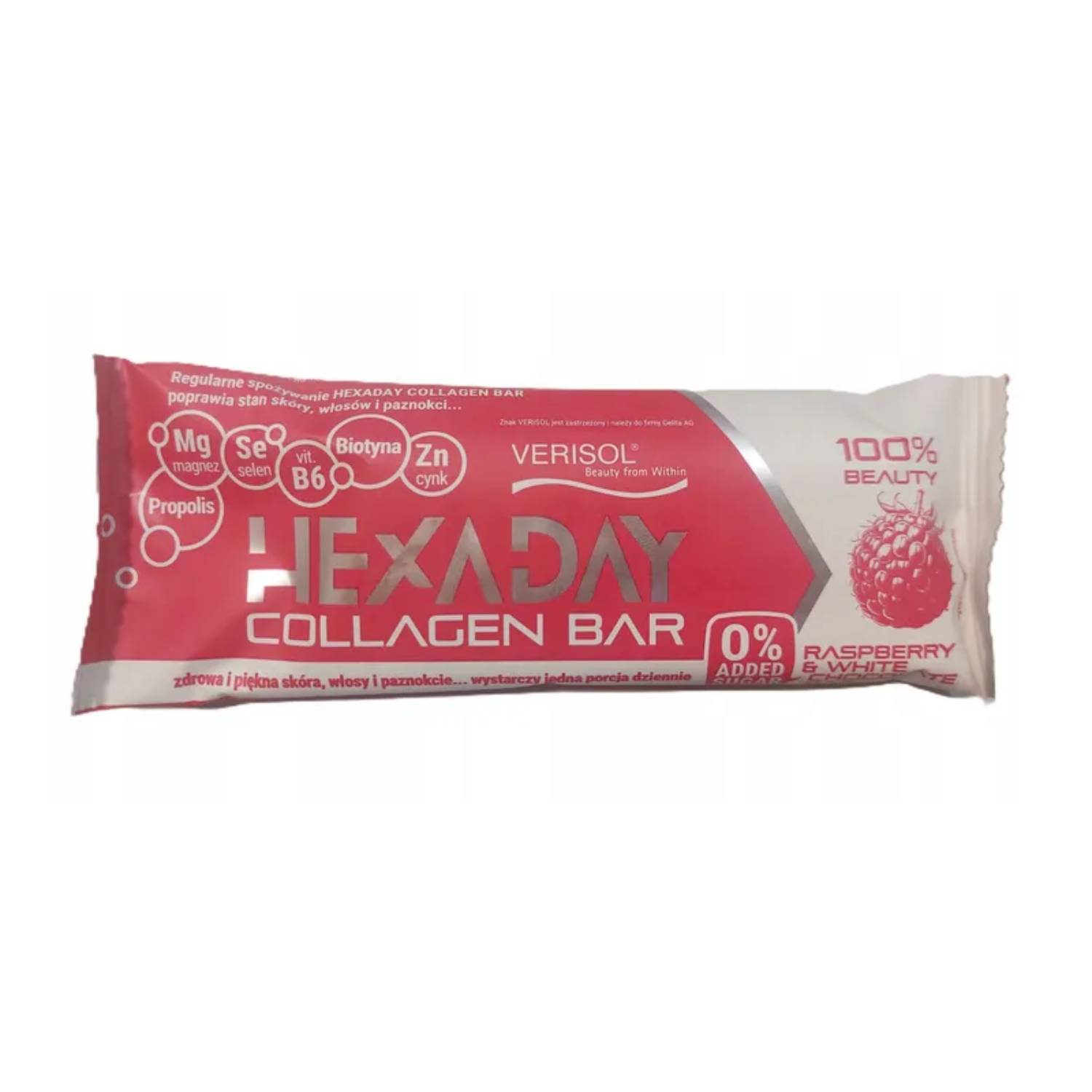 Hexaday - baton kolagenowy, malinowy z biotyną, propolisem w białej czekoladzie, 1 sztuka