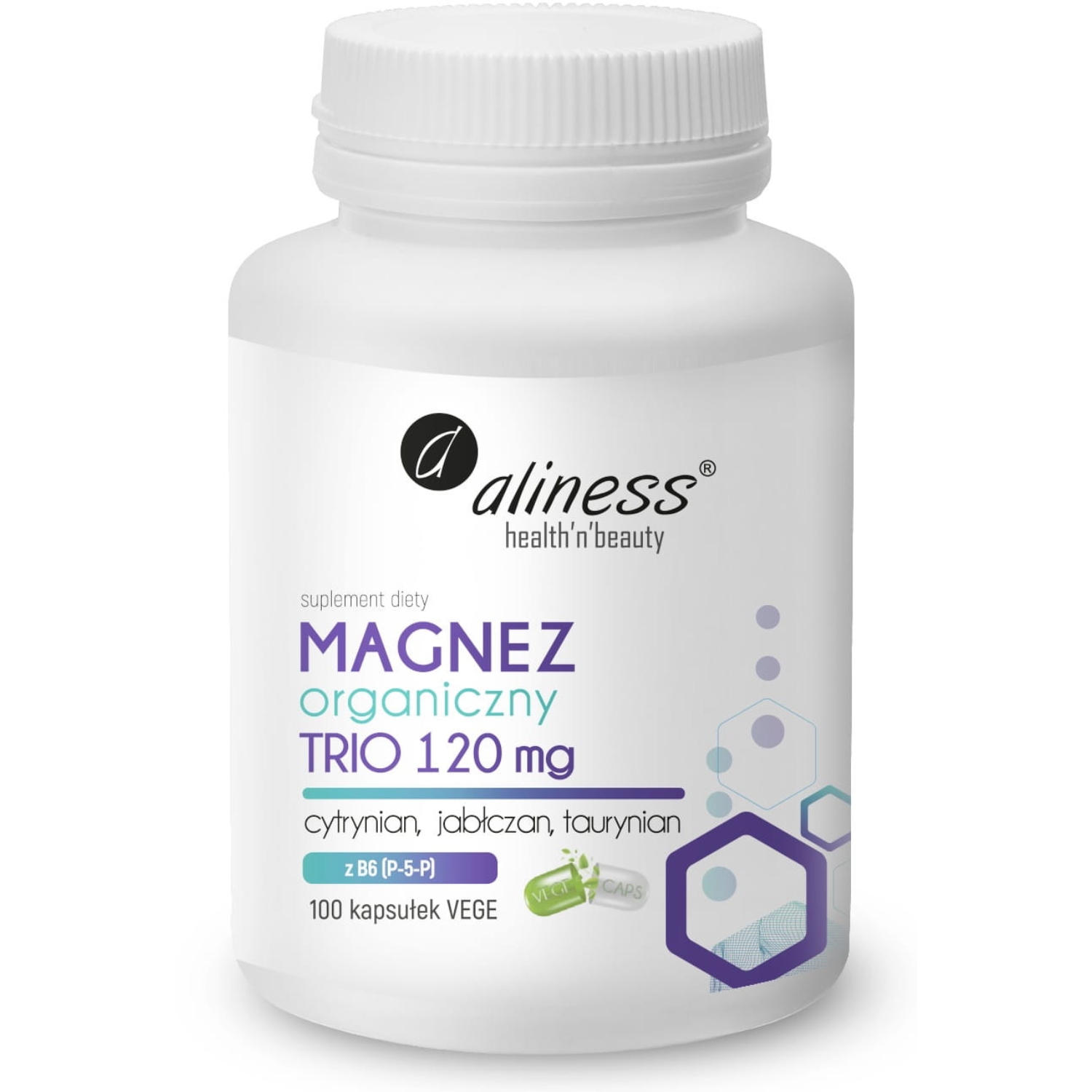Aliness magnez organiczny trio 120 mg z b6 (p-5-p), 100 kapsułek