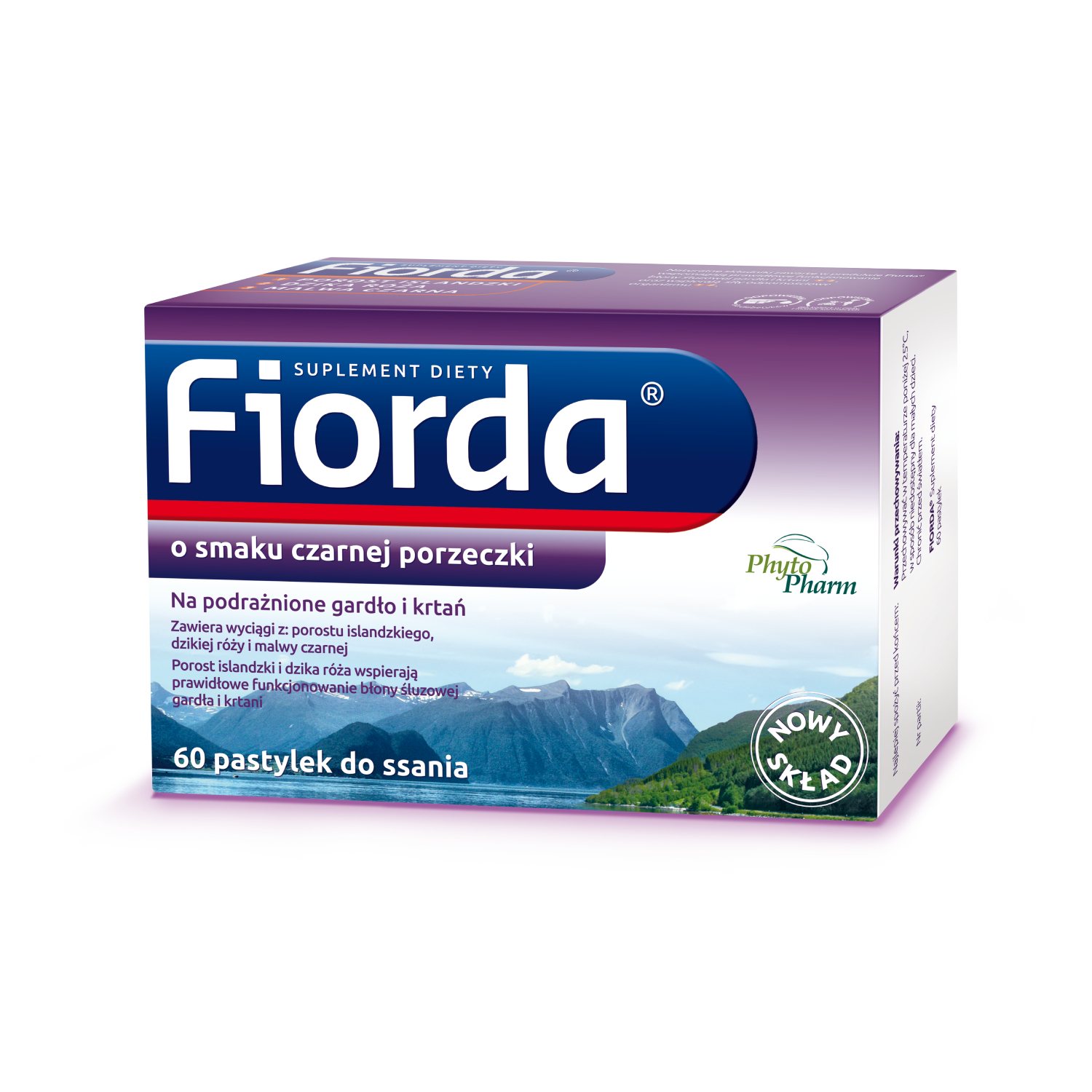 Fiorda - pastylki do ssania o smaku czarnej porzeczki na podrażnione gardło i krtań, 60 sztuk