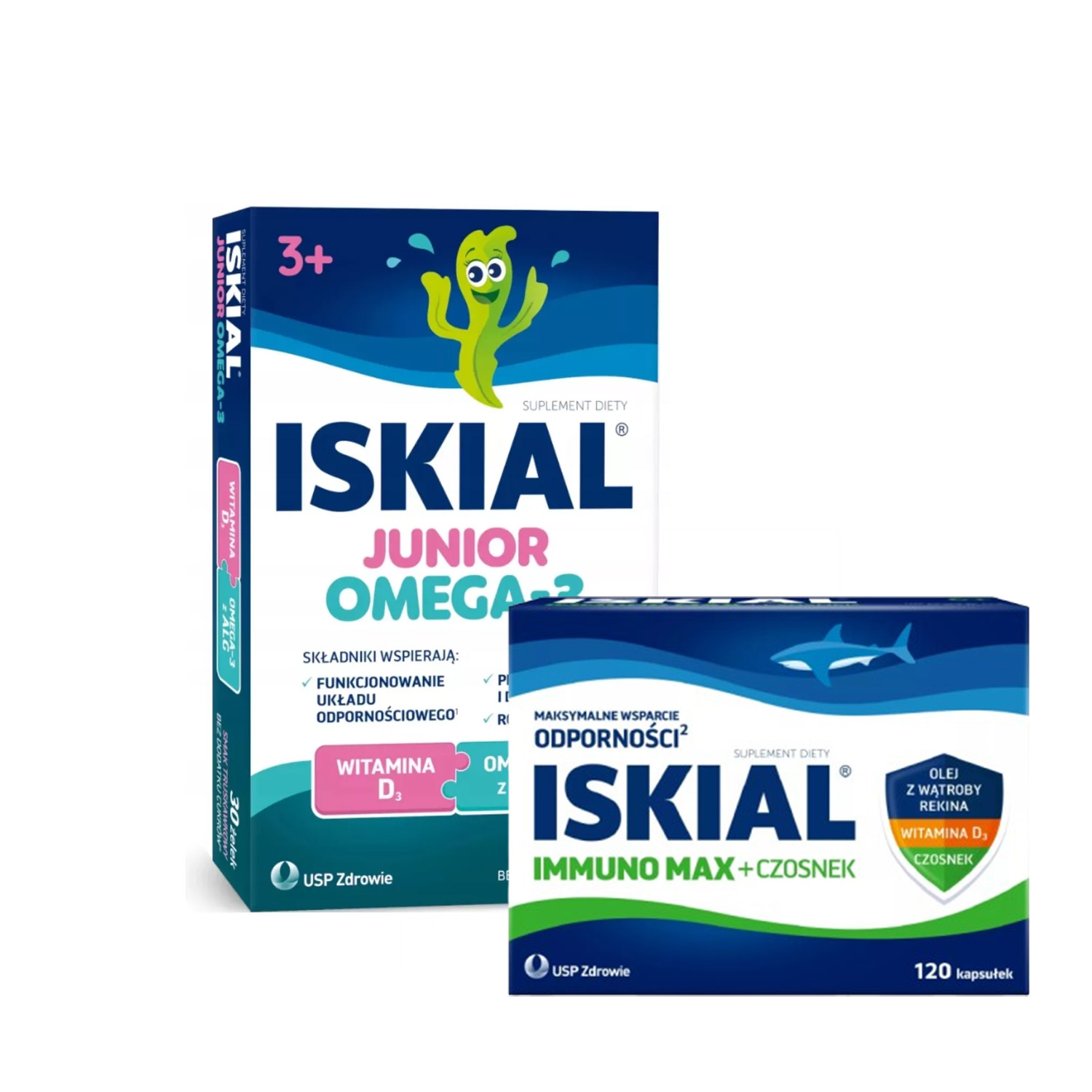 Zestaw: iskial immuno max + czosnek, 120 kapsułek + iskial junior, omega-3, smak truskawkowy, 30 żelek