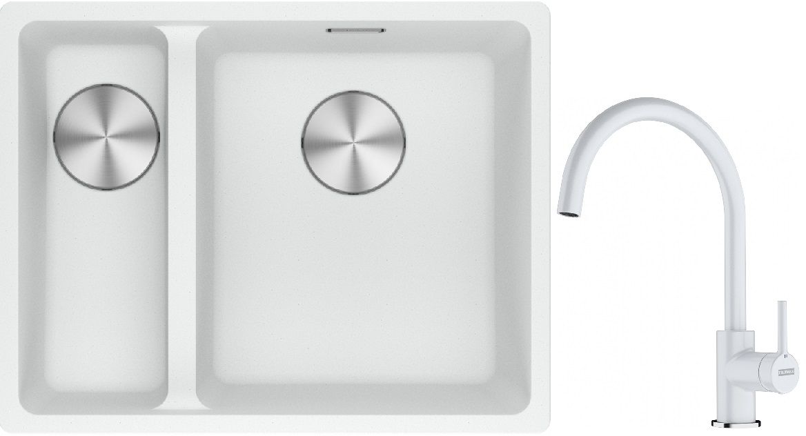 Franke Maris MRG 160-34-15SBL zlewozmywak 52x40 cm Fragranite biały polarny z baterią kuchenną Lina biały polarny (1250687271, ...