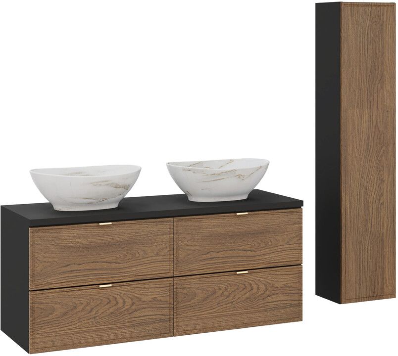 Zestaw Comad Talia Casella dwie umywalki Pati nablatowe z szafkami podumywalkowymi 60 cm i szafka boczna wysoka dąb-czarny SET-TC B BLACK ...