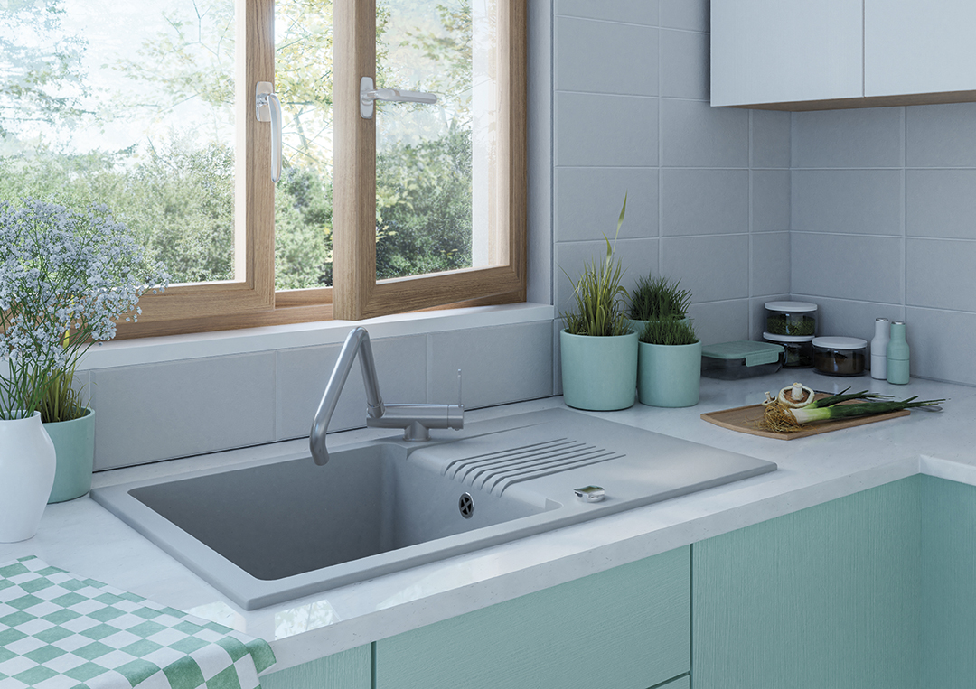 Laveo Bona bateria kuchenna stojąca z wylewką L stal BAB265L