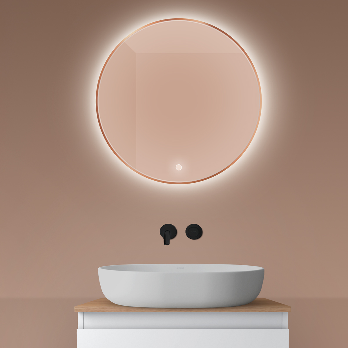 Oltens Nordlis lustro 60 cm okrągłe z oświetleniem z oświetleniem od tyłu z matą grzewczą miedź szczotkowana 64108610