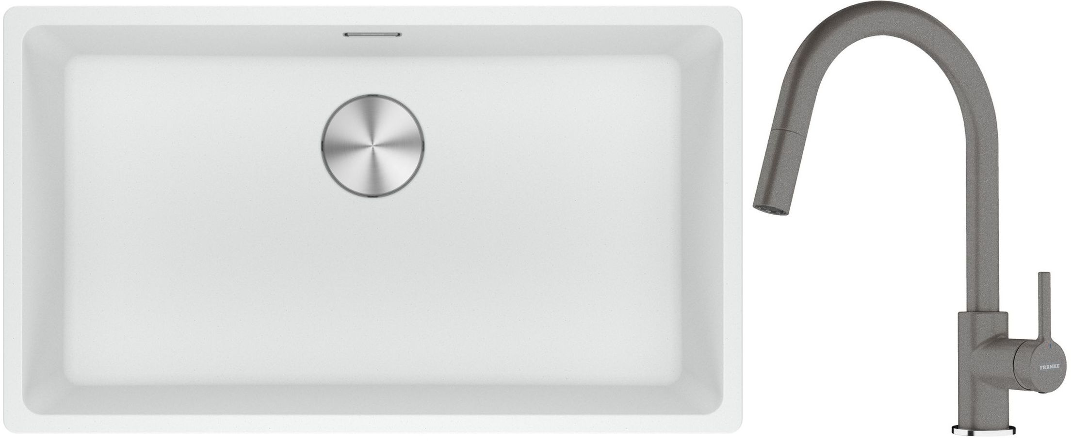Franke Maris MRG 110-72 zlewozmywak 72x40 cm Fragranite biały polarny z baterią kuchenną Lina kamienny szary (1250687263, 1150626057)