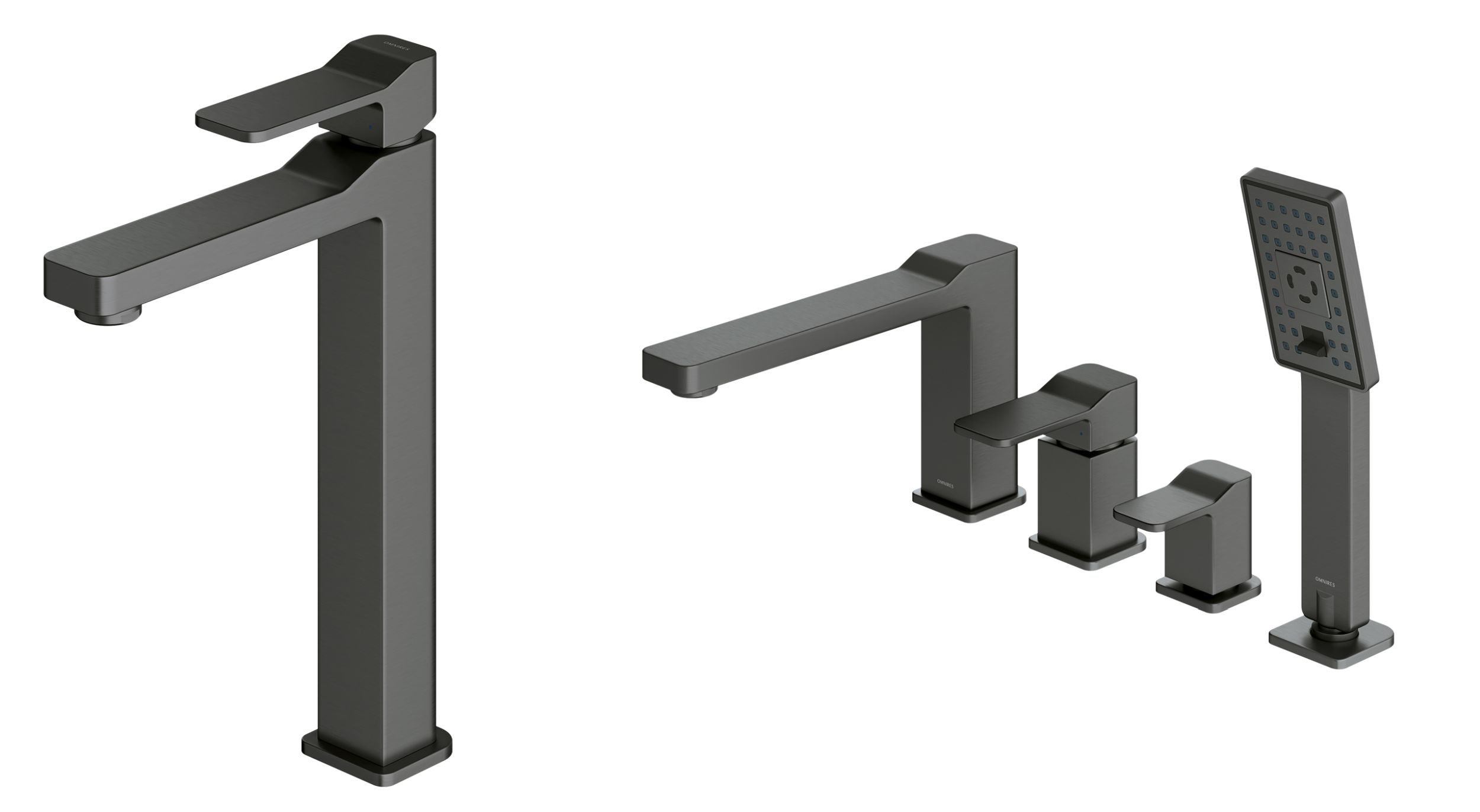 Zestaw Omnires Slide bateria wannowo-prysznicowa 4-otworowa i bateria umywalkowa wysoka grafit (SL7712GR, SL7732GR)